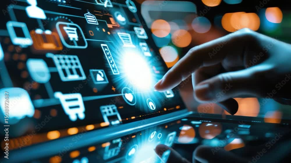 Poster close-up of hand interacting with digital interface displaying various icons and data visualization 