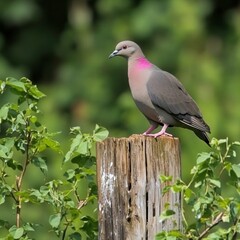 Vibrant Pink Bird Perched on Weathered Wooden Post Surrounded by Green Foliage
