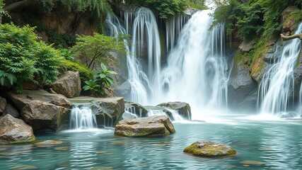 Naklejka premium Cascading Dreams: Serene Waterfall in an Enchanting Forest