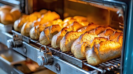 Bakery oven, golden bread baking, warm light, food production