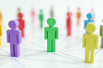 Colorful Human Figures Connected by Dotted Lines on a White Background, Representing Social Networking, Teamwork, Leadership, Diversity, and Community Structure in a Digital Concept