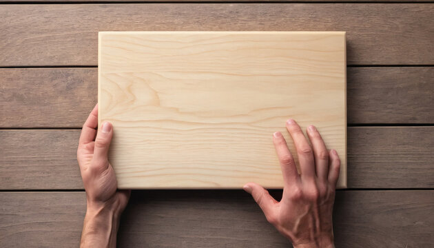 Hands Holding Blank Wooden Board on Wood Plank Background