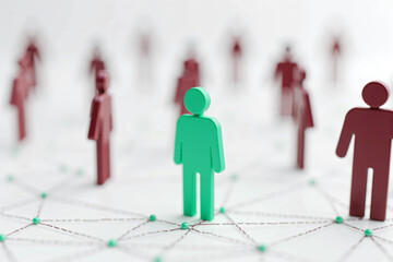 Colorful Human Figures Connected by Dotted Lines on a White Background, Representing Social Networking, Teamwork, Leadership, Diversity, and Community Structure in a Digital Concept