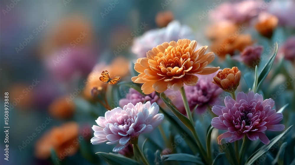 Aufkleber a summer garden showcases an array of colorful flowers in full bloom. a delicate butterfly dances be