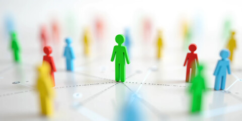Colorful Human Figures Connected by Dotted Lines on a White Background, Representing Social Networking, Teamwork, Leadership, Diversity, and Community Structure in a Digital Concept