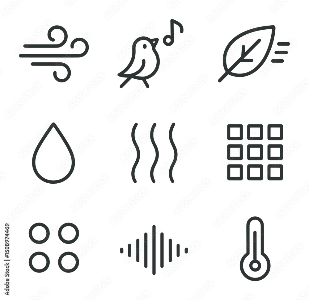 Poster sensory icon grid. outline icon set of sensory connections: breeze swirl, bird chirp note, leaf rust