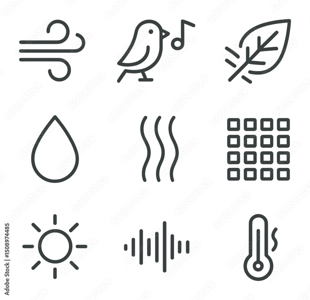 Poster sensory icon grid. outline icon set of sensory connections: breeze swirl, bird chirp note, leaf rust