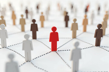 Colorful Human Figures Connected by Dotted Lines on a White Background, Representing Social Networking, Teamwork, Leadership, Diversity, and Community Structure in a Digital Concept