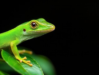 Vibrant Green Lizard Perched on Leaf Against Dark Background in Nature Scene