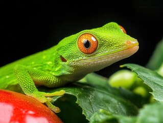 Vibrant Green Lizard with Striking Orange Eyes on Colorful Fresh Vegetables