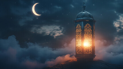 An ornate, glowing lantern sits on sand dunes under a dark, cloudy night sky with a crescent moon visible.
