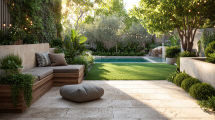 modern garden featuring lush greenery, swimming pool, and comfortable seating areas creates peaceful outdoor retreat. design emphasizes natural elements and relaxation