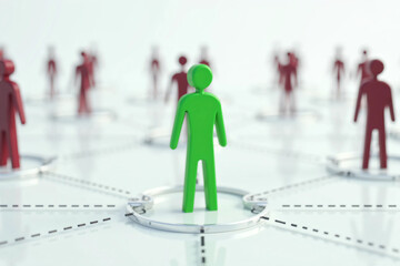 Colorful Human Figures Connected by Dotted Lines on a White Background, Representing Social Networking, Teamwork, Leadership, Diversity, and Community Structure in a Digital Concept