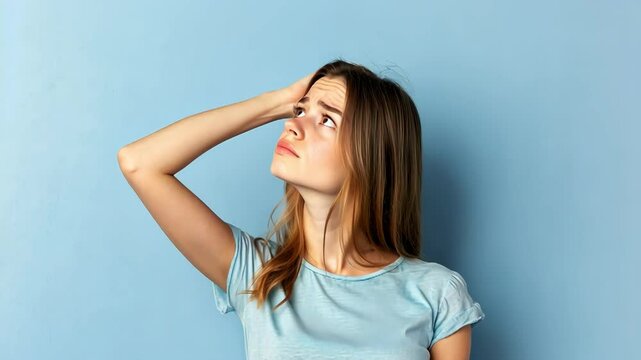 Thoughtful young woman scratching head, looking up. Woman thinking, contemplating, pondering a question. One person on blue background.