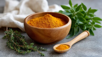 Closeup of ground turmeric spice in wooden bowl with fresh herbs and wooden spoon on gray surface warm natural light healthy vibe copy space