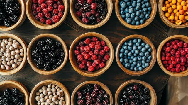 Assortment of fresh berries including raspberries, blueberries and blackberries displayed in wooden bowls on dark wooden table. Fresh, healthy food concept.