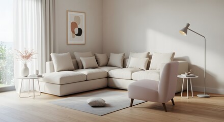 A room with a corner sofa chair rug and lamp is brightly lit by natural light