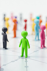 Colorful Human Figures Connected by Dotted Lines on a White Background, Representing Social Networking, Teamwork, Leadership, Diversity, and Community Structure in a Digital Concept