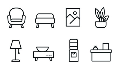 Minimalist home and office furniture and decor icons for interior design projects