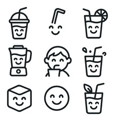 Smoothie Icon Collection. Outline icon set of smoothie sip smiles: smoothie cup, straw bend, fruit garnish, blender jar, kid sip,