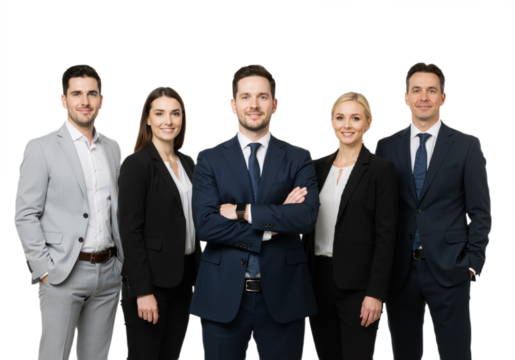 Confident Business Team of Five people Isolated on a Transparent Background, PNG format