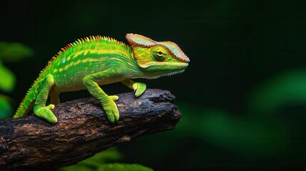 Fototapeta premium Vibrant Green Chameleon Poised on Branch in Lush Natural Habitat Environment