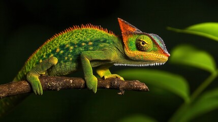 Fototapeta premium Vibrant Green Chameleon Resting on Branch in Lush Tropical Environment