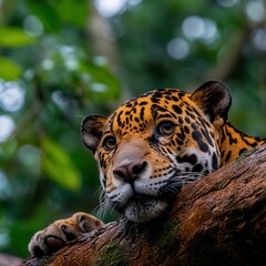 Obraz premium Majestic Jaguar Resting on Tree Branch in Lush Green Jungle Environment