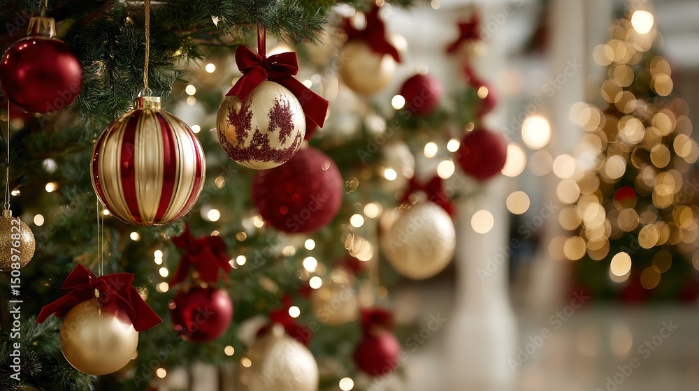 Poster closeup of festive christmas ornaments hanging from pine tree branches with twinkling lights and red