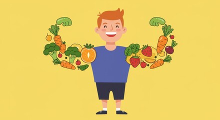 Cheerful boy displays strong arms of fruits and veggies, promoting healthy choices