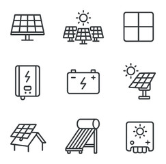 Solar Energy Icons. Outline icon set of solar energy devices: solar panel, solar farm, photovoltaic cell, power inverter, solar