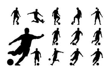 Black Vector Silhouette Set of Soccer Players in Dynamic Poses – Control, Dribbling, and Shooting
