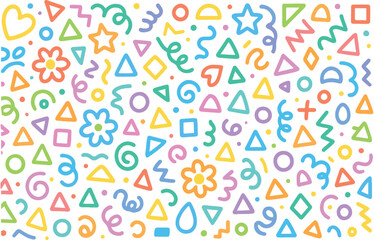 Memphis geometric seamless pattern. Abstract modern background with circles, curves, short rounded lines and dots.