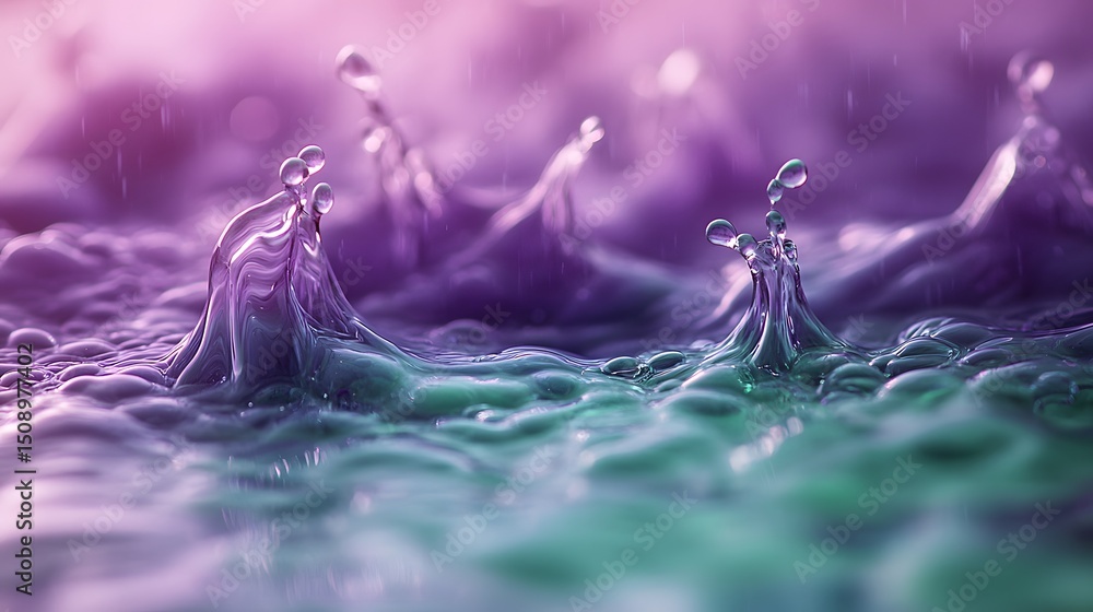 Poster captivating abstract scene of water droplets suspended in mid-air, creating dynamic shapes and forms