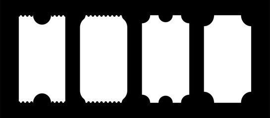 Tickets set. Admit one ticket. Vintage, retro ticket concert, festival event, movie theatre coupons. Printable, digital samples icons. Empty white template. Ticket simple patterns. Blanks backgrounds.