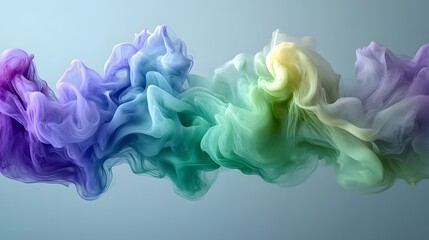 Fototapeta premium Abstract Theme: Swirling colorful smoke, with a dynamic blend of purple, blue, green, and yellow hues creating a mesmerizing and ethereal effect against a muted background.