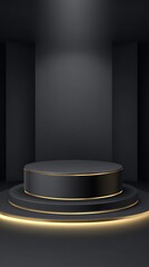 Black podium with a golden line for product presentation, a vector background design element mockup illustration. Luxury stage showcase template for cosmetic