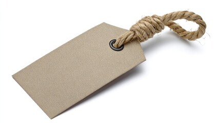 Simple blank creamcolored tag with hemp cord loop for product labeling and branding against white background