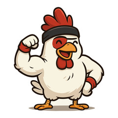 Cartoon chicken big muscles mascot fitness sport