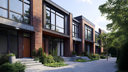 Fototapeta premium Modern Townhouses with Landscaping in a Suburban Neighborhood Setting