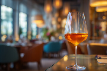 Close-up photo of orange wine in a modern, stemmed glass set on a transparent glass table. Behind it, the softly focused backdrop of a cozy, high-end restaurant with hanging lights and tasteful f.