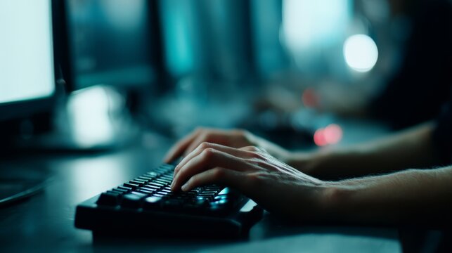 Closeup of a teenage male gamer typing rapidly on a backlit keyboard in a dark techfilled room with glowing monitors, intense focus, and a futuristic digital ambiance