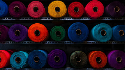 Fototapeta premium Colorful Thread Rolls On Shelves In Warehouse