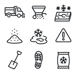 Winter Salt Icon Set. Outline icon set of salt in snow & ice: snowplow truck, road salt spreader, icy pavement, salt granule pile,