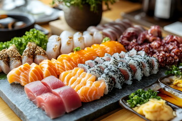 Savoring the artistry of sushi in a vibrant setting, with an array of colors and textures beautifully presented on a stone platter