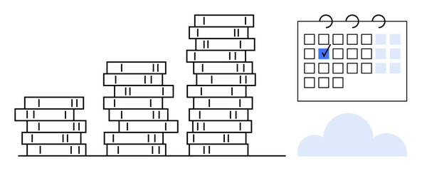 Stacked coins increasing in height, calendar with marked date, and cloud beneath. Ideal for finance, investment, savings, planning, technology data storage organization. Flat simple metaphor