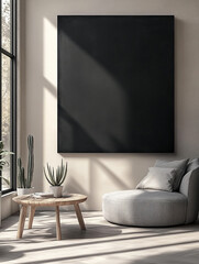 A modern, minimalist interior features a large black canvas on a light gray wall and with a beige armchair.
