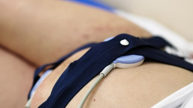 A pregnant woman with an electrocardiograph on her abdomen. Checking the baby's condition before delivery. Fetal heart monitoring. Diagnostics, health care, medical services