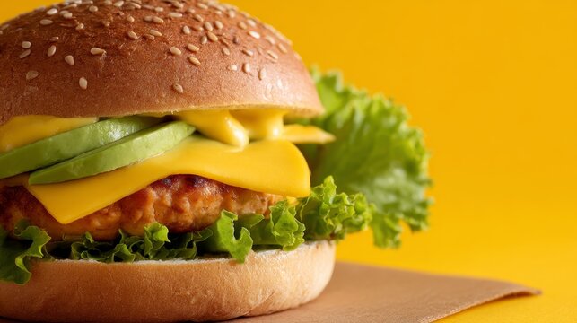 Gourmet turkey burger with melted cheese avocado lettuce and herb sauce on seeded bun against a vibrant yellow background