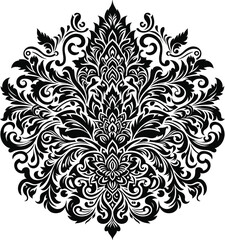 Black and white vintage floral pattern with ornate swirls and damask elements